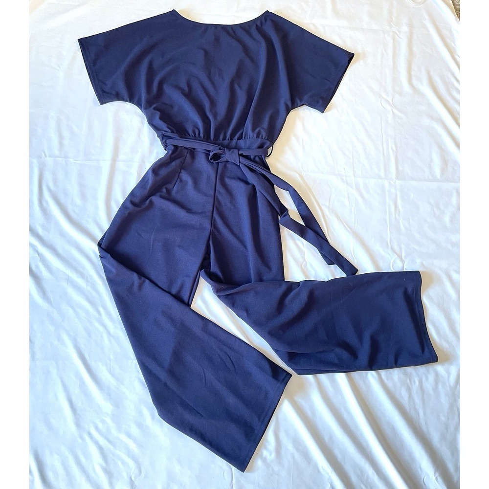 Women's Navy XL One Piece Romper/Jumpsuit Short Sleeve Belted Side Zipper Long - Picture 6 of 11